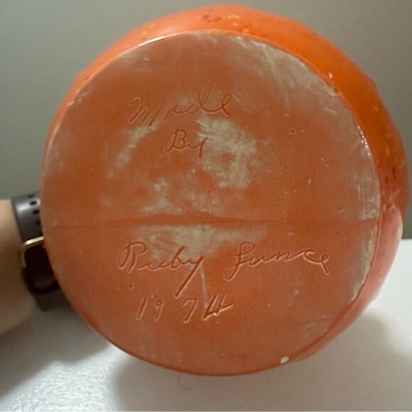 Vintage 1974 Handmade Ceramic Vase w/Handle Orange w/Yellow Red Specks 12” tall - Picture 8 of 9